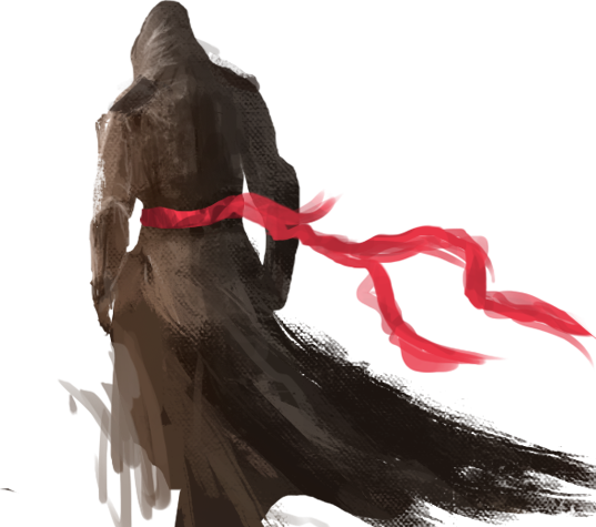 Homem emcapuzado com um laço vermelho amarrado na cintura